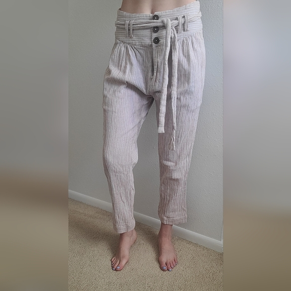 Free People orange and white stripe pant. Cute button detail and belt. - Picture 3 of 9